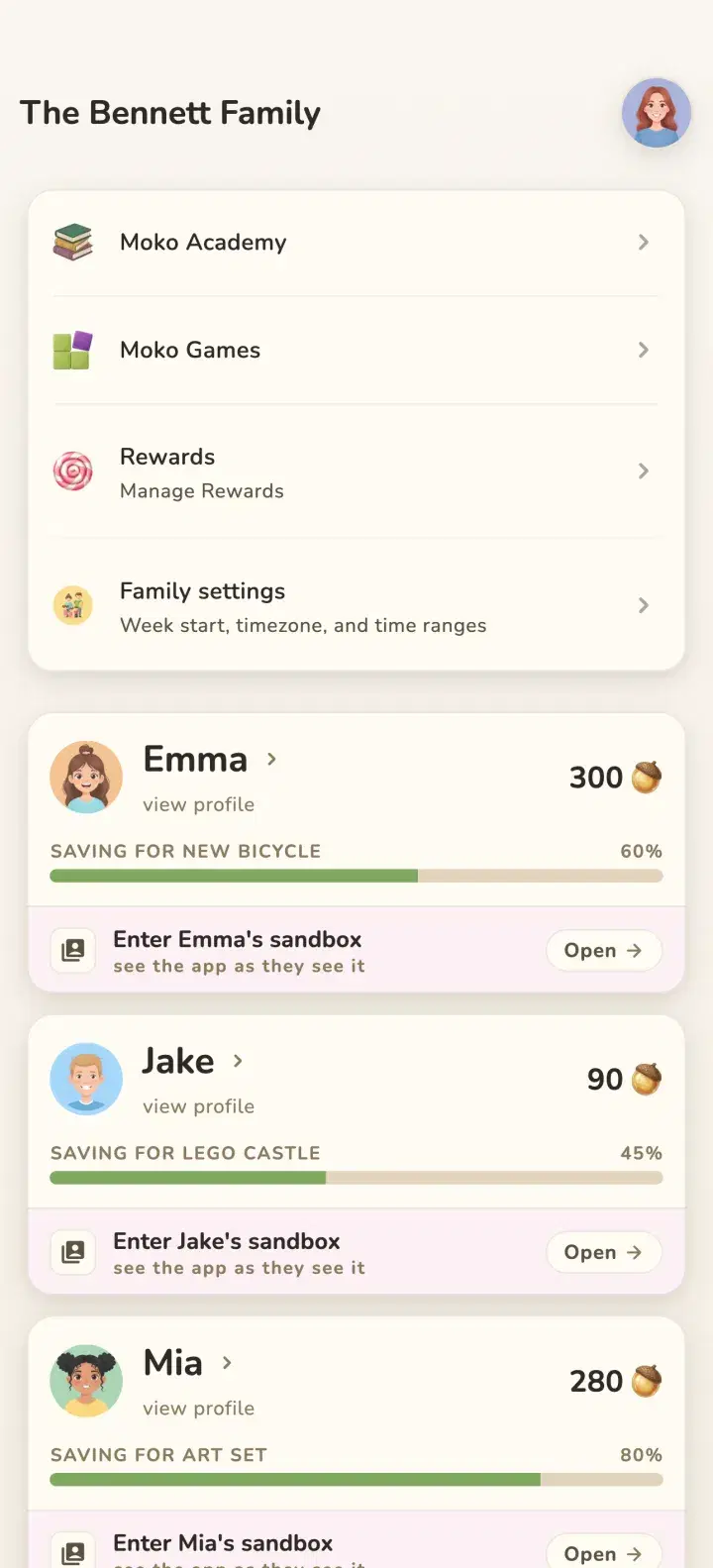 MokoDo family screen with access to Academy, Games, and rewards