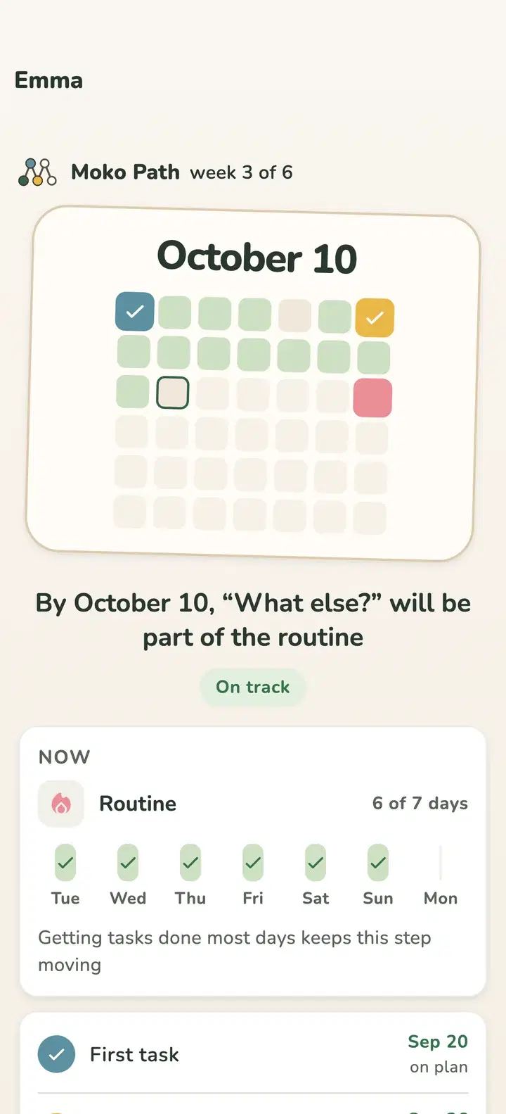 The Moko Path in MokoDo: a calendar with the date a new routine is expected to settle