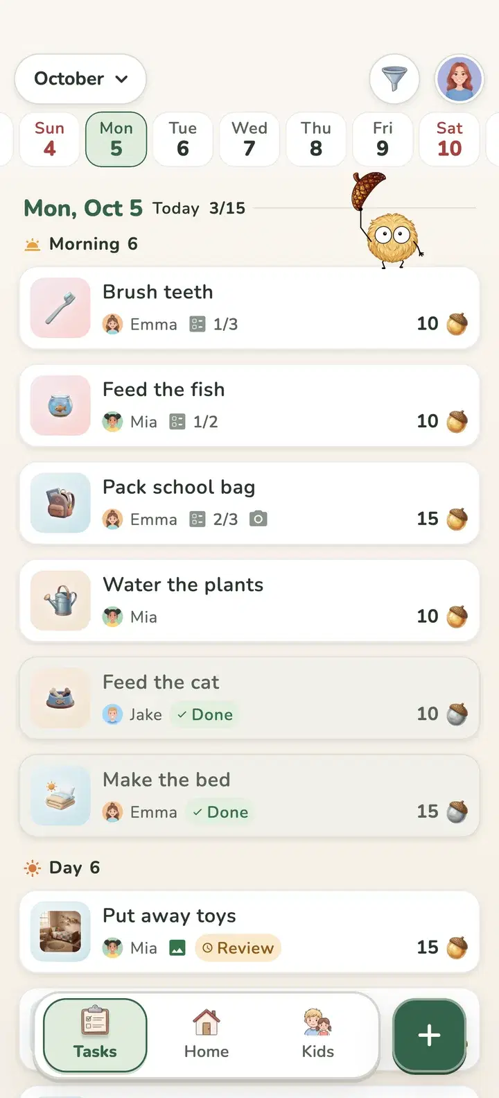 MokoDo parent task list with a strip of dates and the tasks of each child