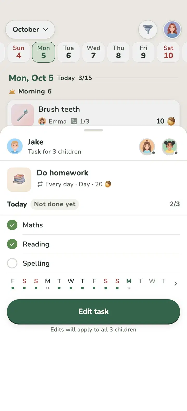 MokoDo task preview with a child's homework checklist and two weeks of history