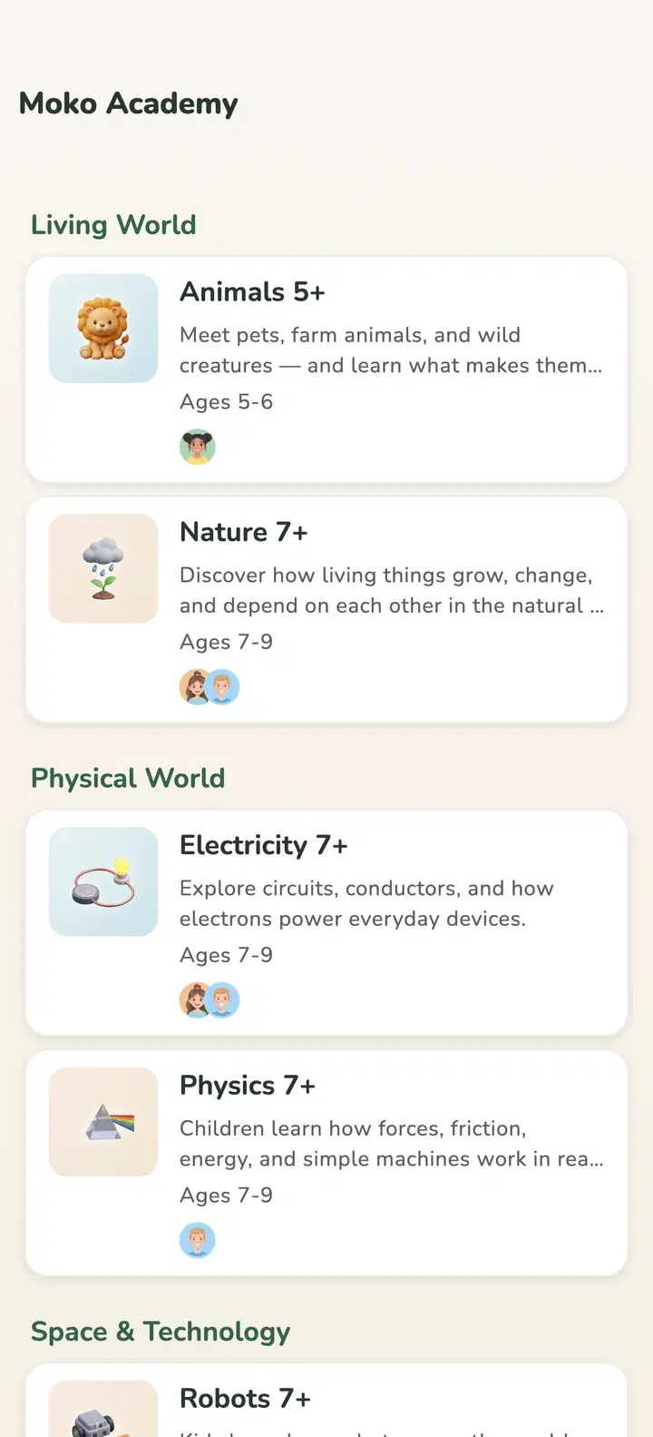 Moko Academy in MokoDo: learning packs grouped by world, with ages and the children each pack is on for
