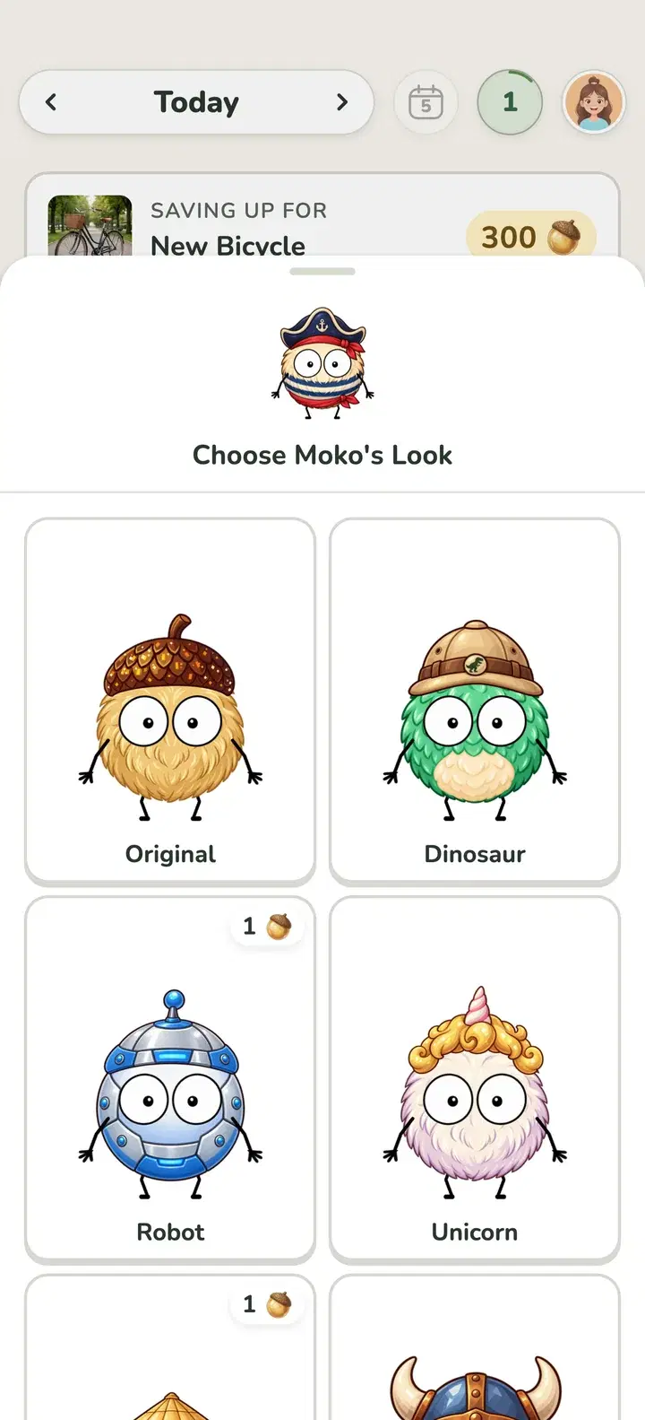 Moko's costume shop in MokoDo with the original acorn, a dinosaur, a robot and a unicorn