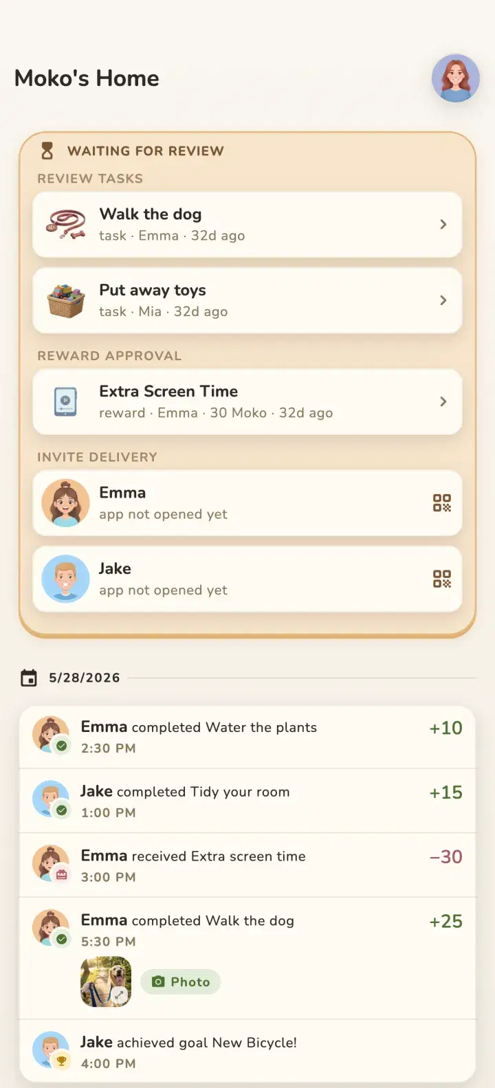 MokoDo family feed showing tasks, approvals, and earned Moko