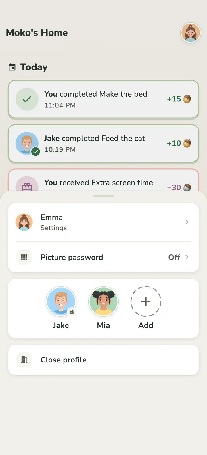 MokoDo child switcher listing two children on one device